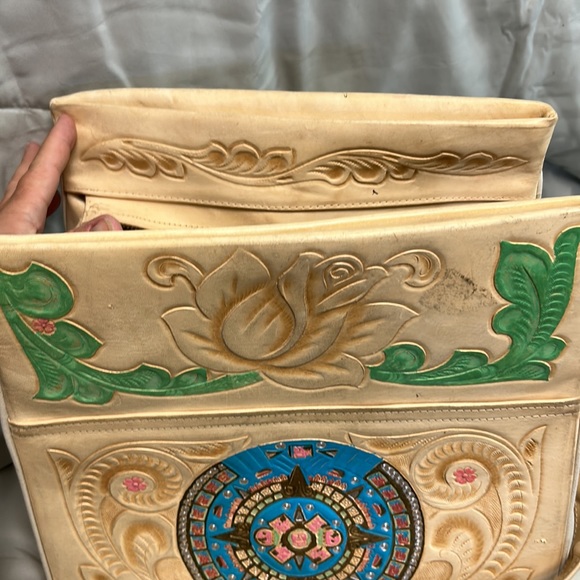 Vintage Leather Hand Tooled RARE Purse 1960s Mexico Ivory Yellow Mayan Roses - Picture 12 of 16